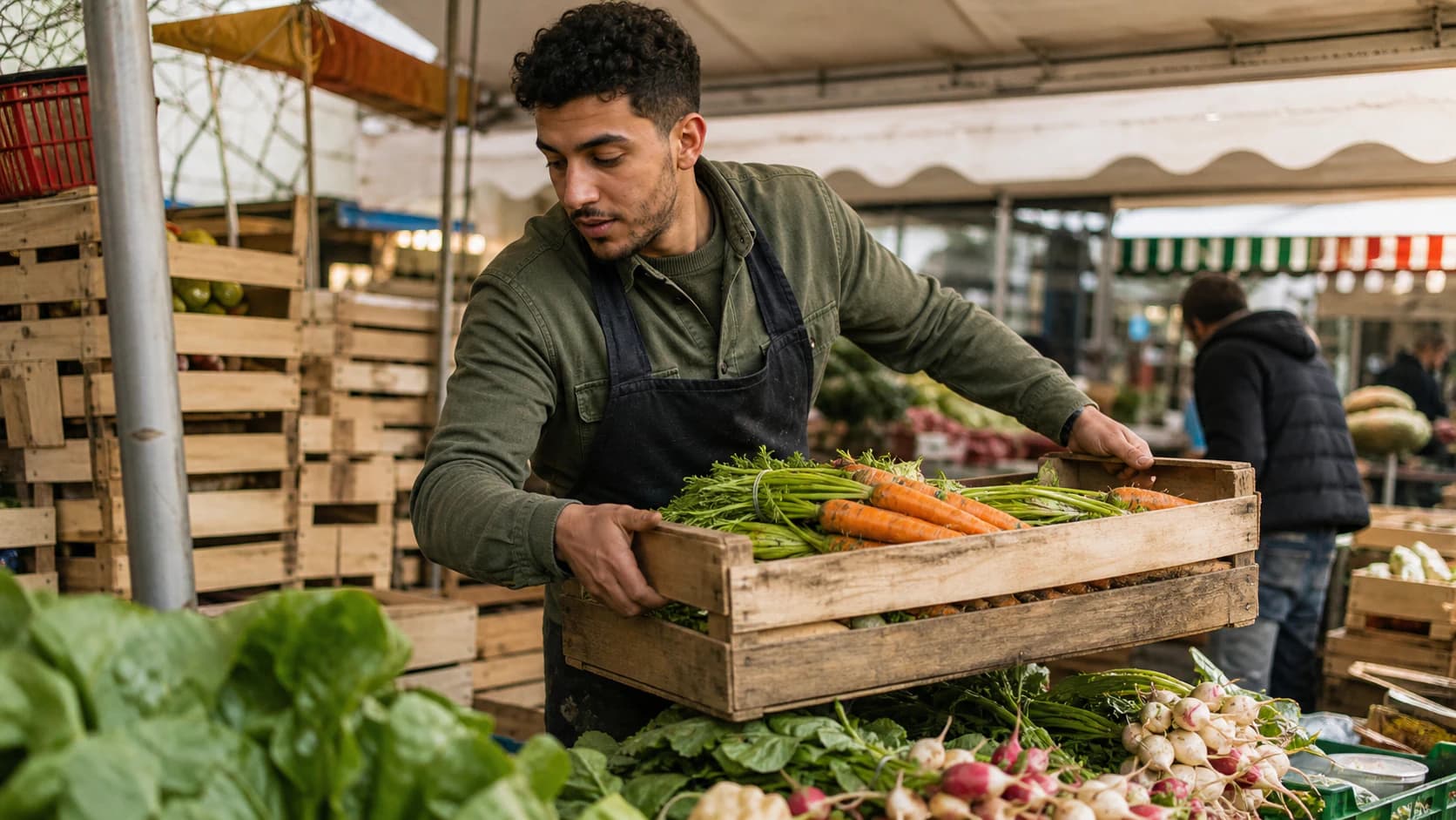 Primeur installant son étal sur un marché