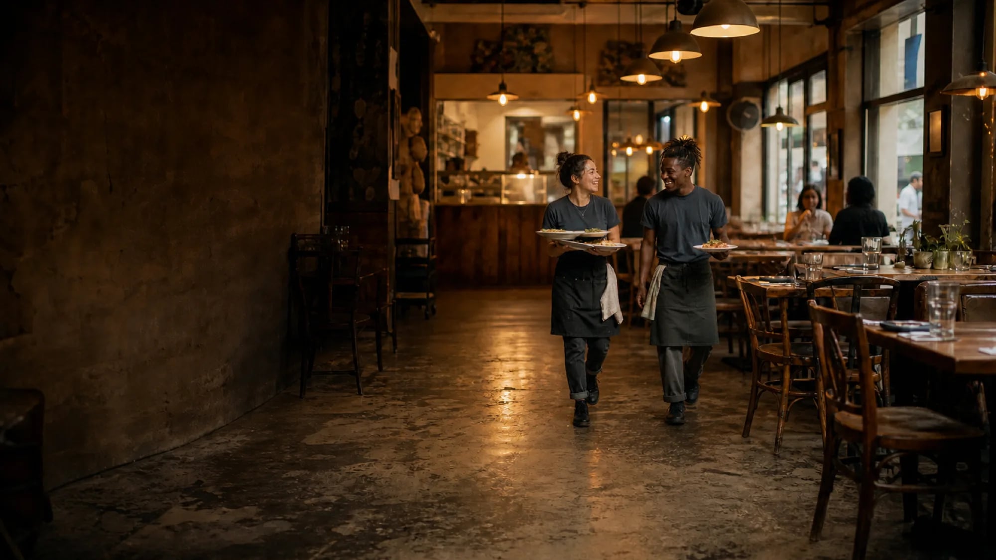 Salle de restaurant en plein service, deux serveurs portant des assiettes