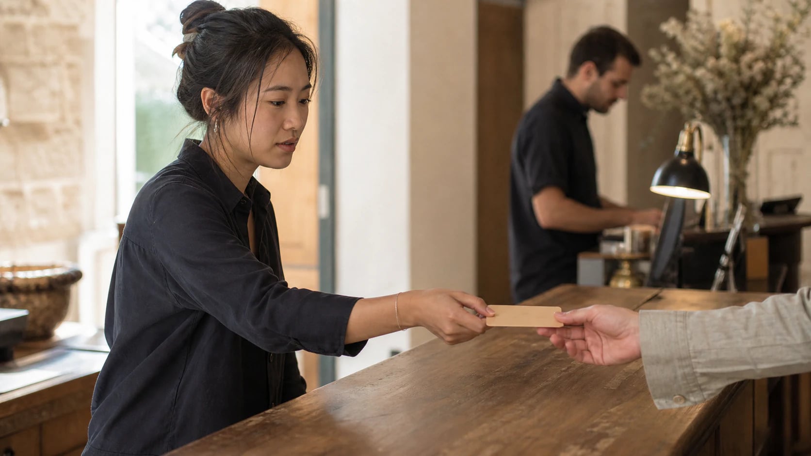 Employée à l'accueil d'un établissement, au comptoir